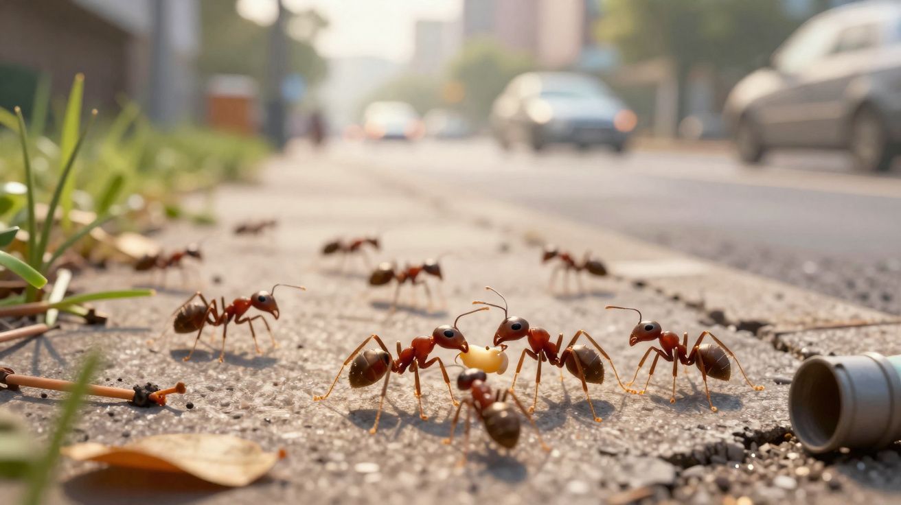 Formiga vermelhas a transportar alimento ao longo de um passeio urbano próximo de uma estrada com carros.