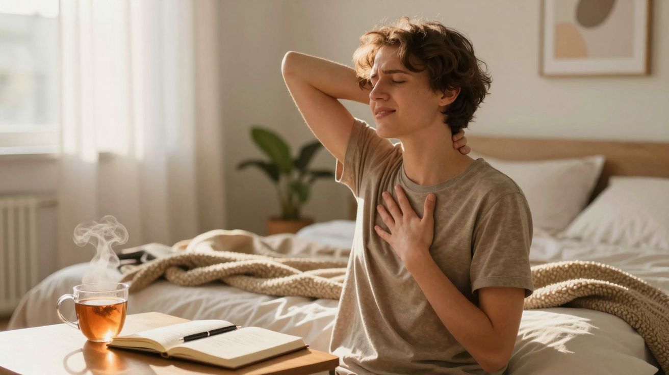 Pessoa sentada na cama com expressão de desconforto, a massajar o pescoço e o peito.