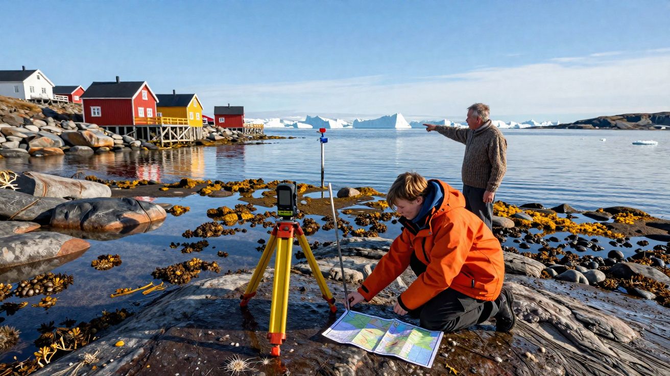 Dois homens em roupa de inverno estudam mapas e equipam geodésica numa costa rochosa com casas coloridas e icebergs ao fundo.