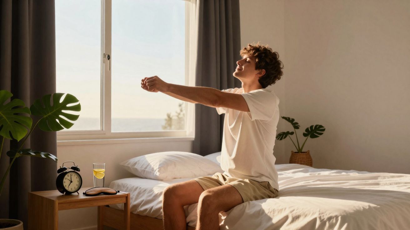 Homem sentado na cama a espreguiçar-se num quarto iluminado pelo sol da manhã.