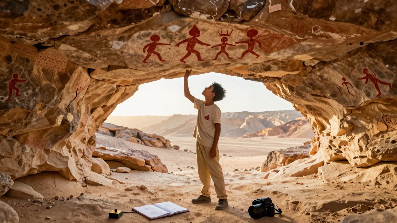 Criança tocando pinturas rupestres vermelhas dentro de caverna no deserto com caderno e câmera no chão.