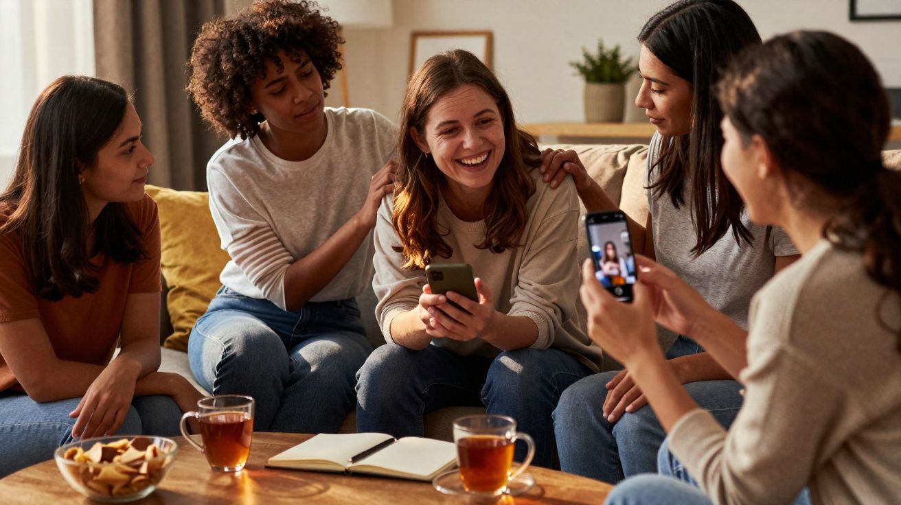 Cinco amigas sentadas no sofá a conversar, sorrir e tirar uma fotografia juntas com telefones.