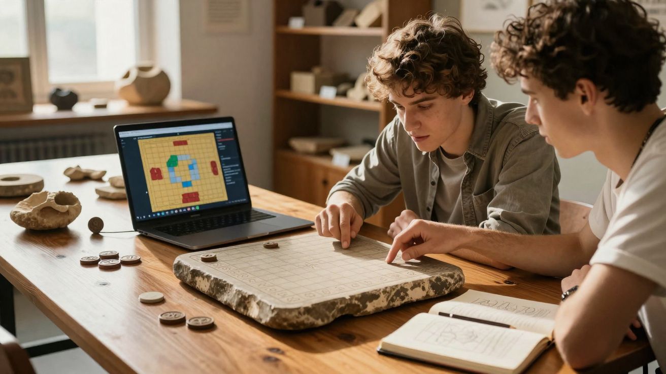 Dois jovens a jogar um jogo de tabuleiro antigo numa mesa de madeira com computador portátil ao lado.