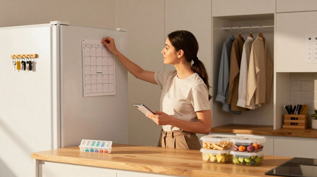 Mulher numa cozinha a consultar um calendário na parede enquanto segura um smartphone.