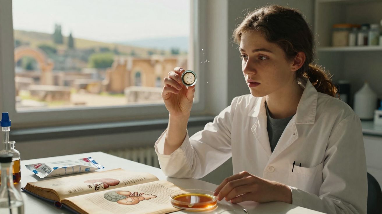 Jovem cientista examina lupa enquanto estuda livro aberto de biologia em laboratório iluminado pela janela.