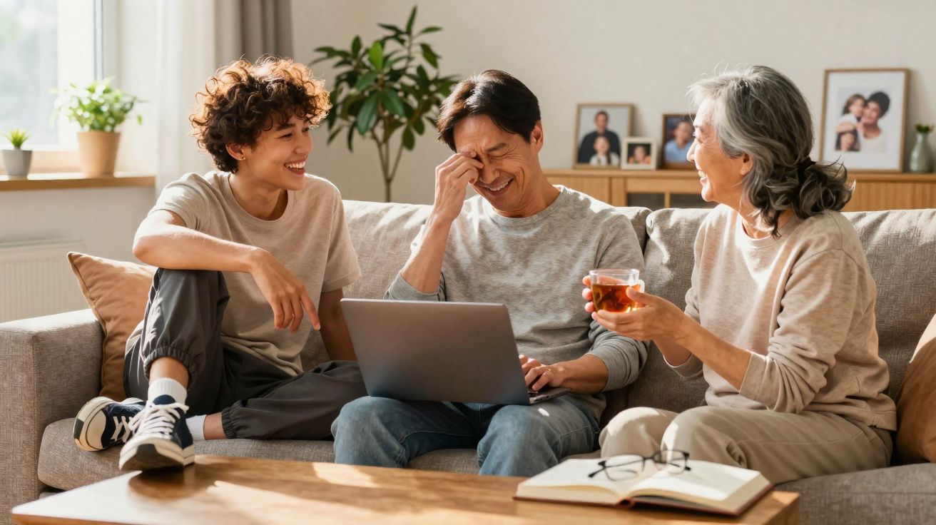 Três pessoas sentadas no sofá a rir, com um computador portátil e chá numa sala iluminada.