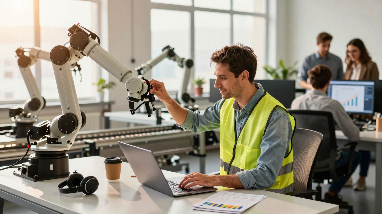 Engenheiro com colete refletor a operar braço robótico num laboratório moderno com colegas ao fundo.