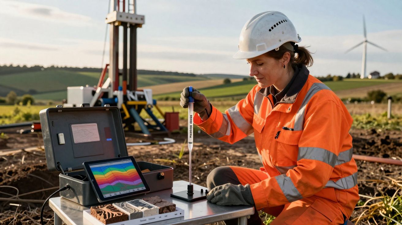 Técnica de geologia em fato de segurança a analisar amostra de solo num campo com turbinas eólicas ao fundo.