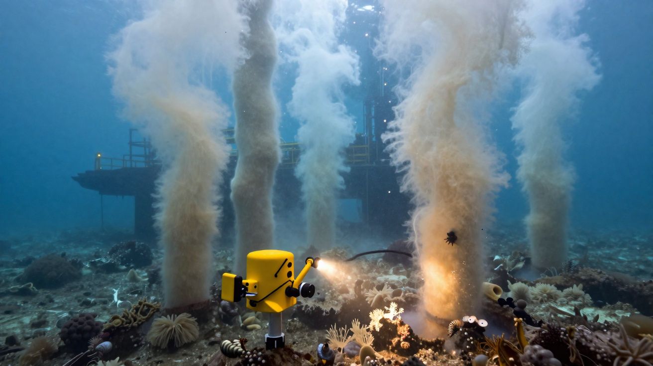 Veículo subaquático amarelo explora fundo marinho com plumas de sedimento a subir e plataforma ao fundo.