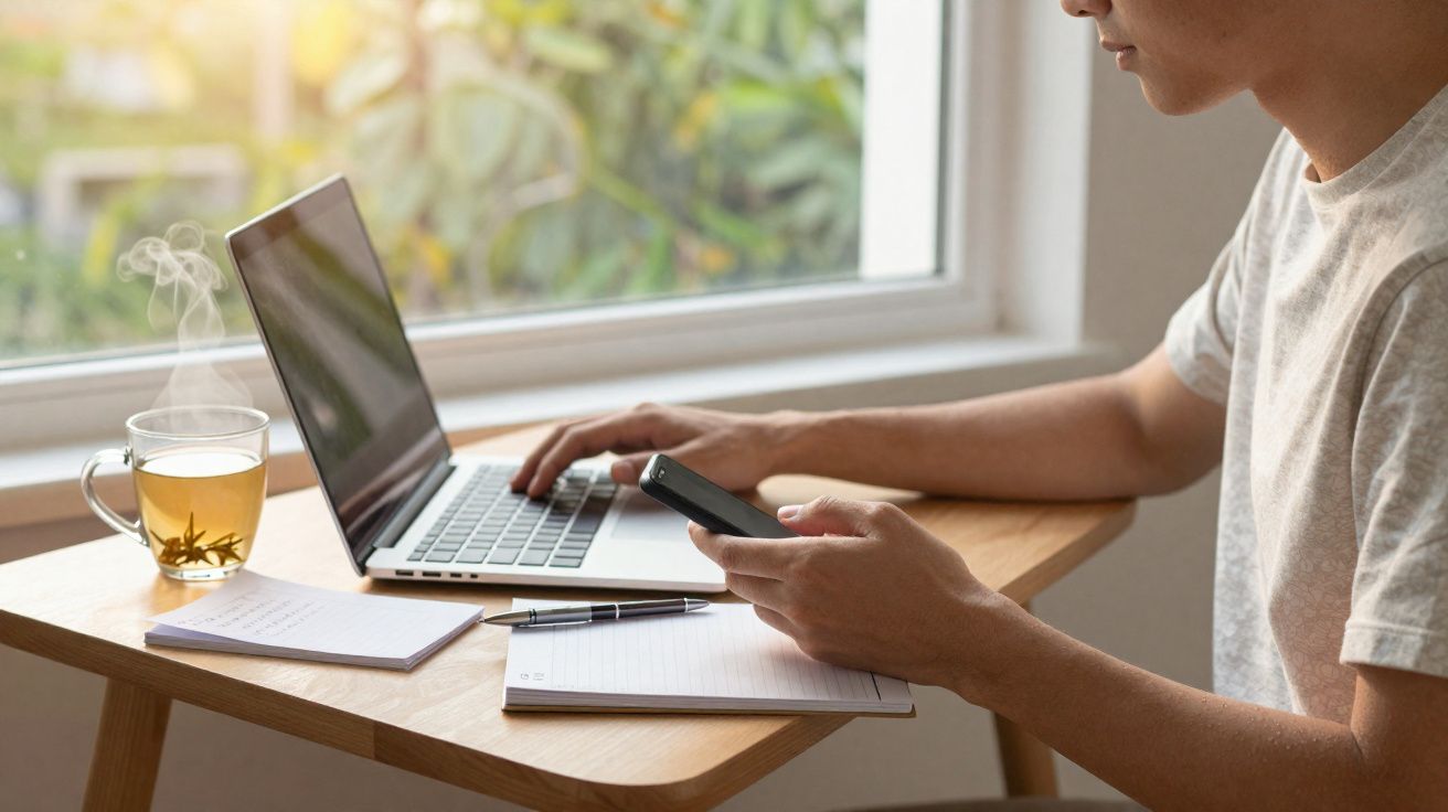 Pessoa a trabalhar num computador portátil, a segurar um telemóvel, com chá e bloco de notas numa mesa junto à janela.