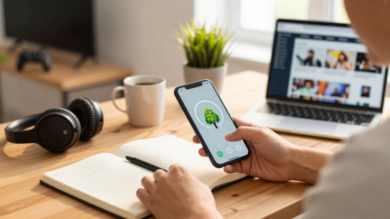 Pessoa a usar telemóvel com aplicação de árvore, ao lado de caderno aberto, auscultadores, chávena e portátil numa secretária
