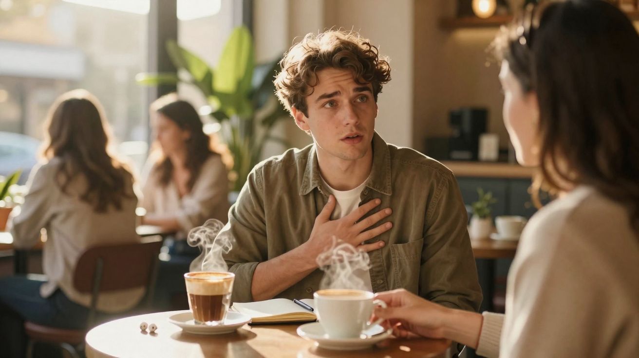 Jovem homem atento a uma conversa séria com uma mulher numa cafetaria com bebidas quentes na mesa.