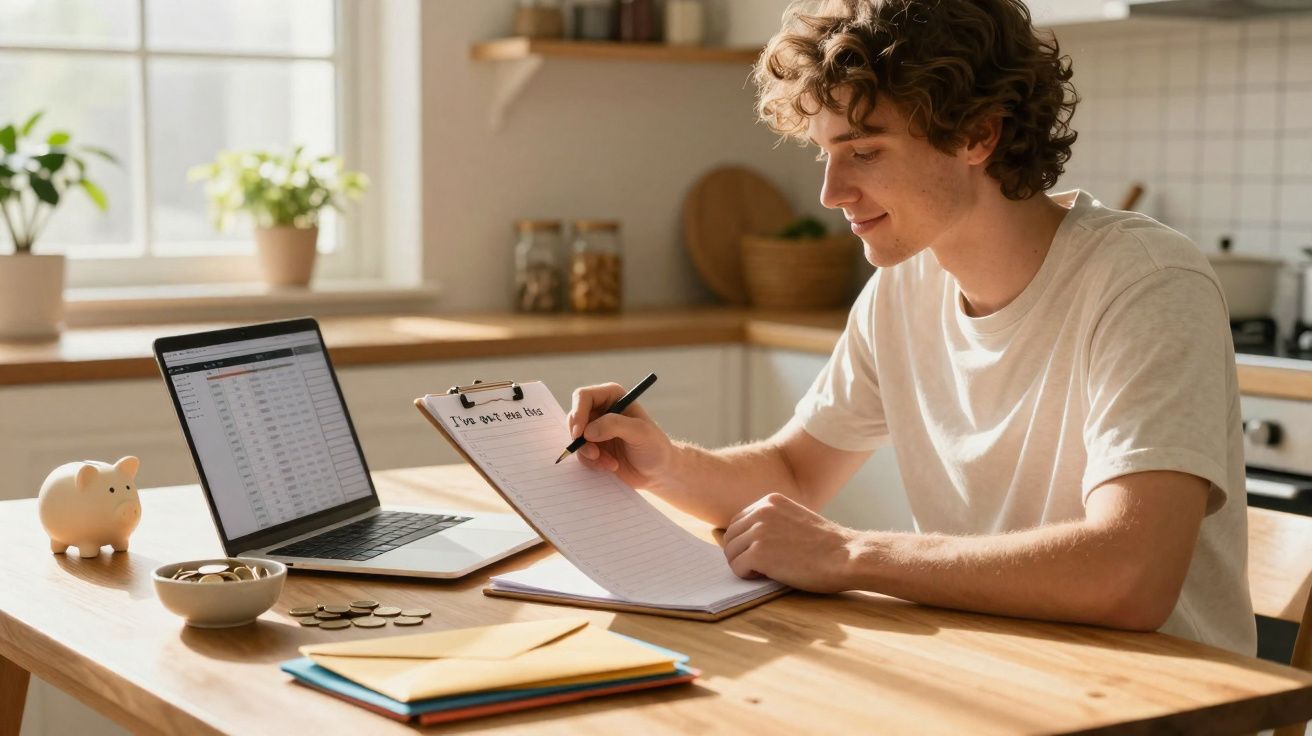 Jovem a tomar notas numa prancheta enquanto consulta um computador portátil numa cozinha iluminada.