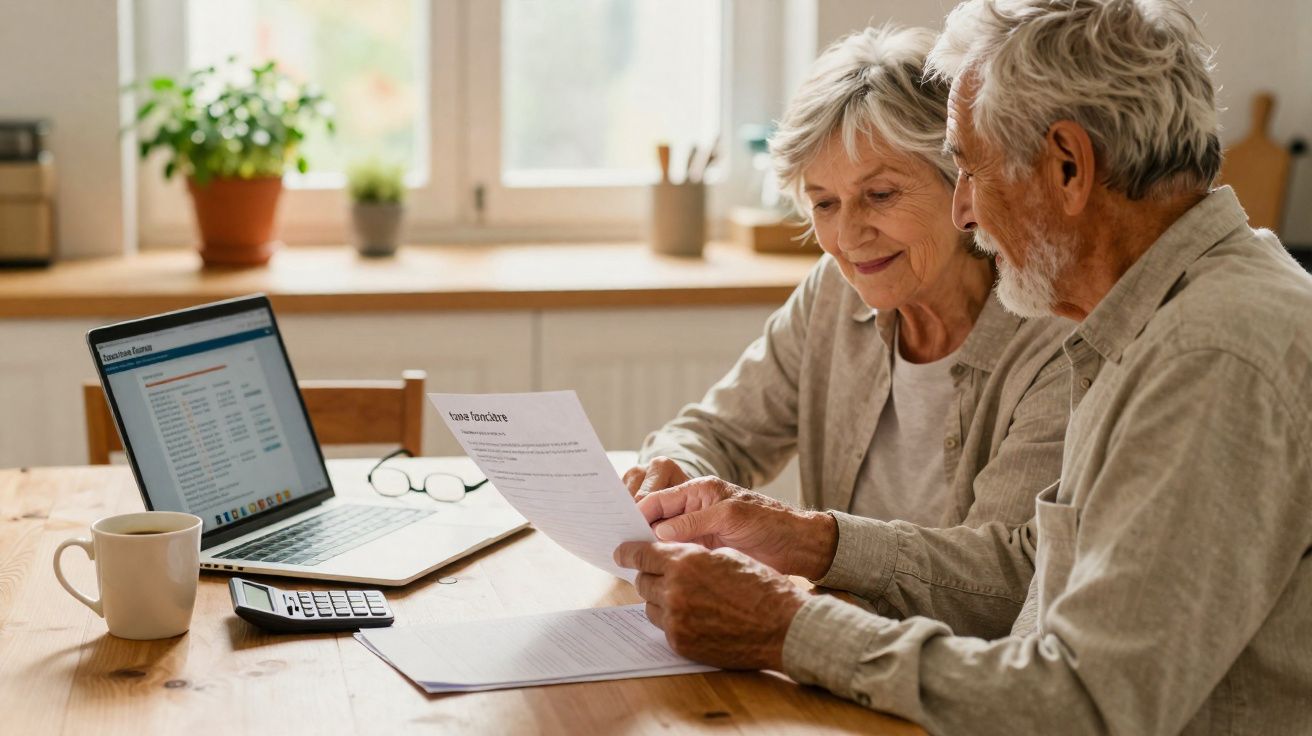 Casal idoso sentado à mesa, a analisar documentos com computador portátil e calculadora à frente.