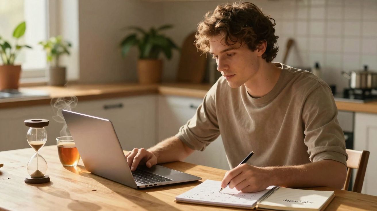 Homem jovem a trabalhar no computador portátil e a tomar notas num caderno numa cozinha iluminada.
