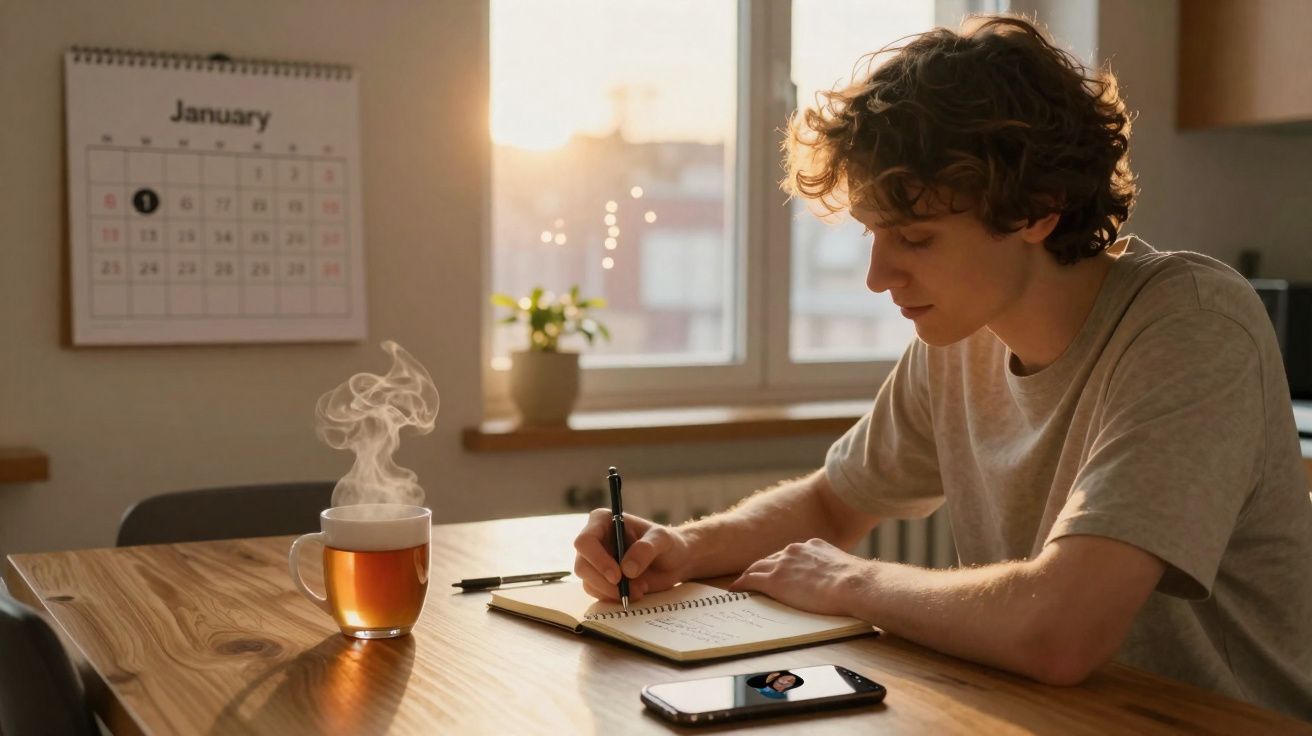 Jovem sentado a escrever num caderno com chá quente num ambiente iluminado pelo sol da manhã.