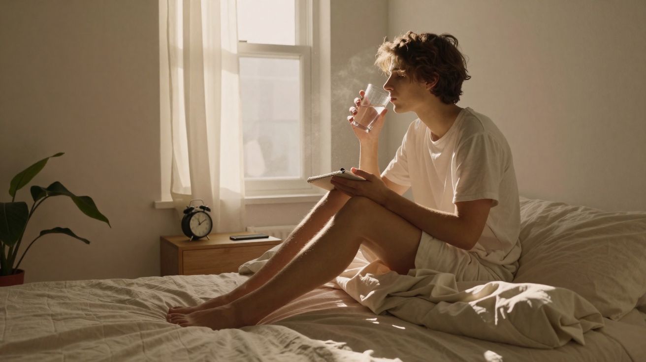 Pessoa sentada na cama a beber água numa divisão iluminada por luz natural através de uma janela.