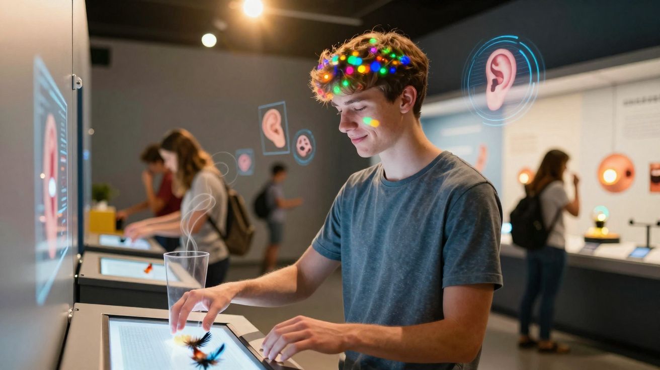 Jovem interage com exposição digital sobre audição em museu, com gráficos de orelhas e cores na cabeça.