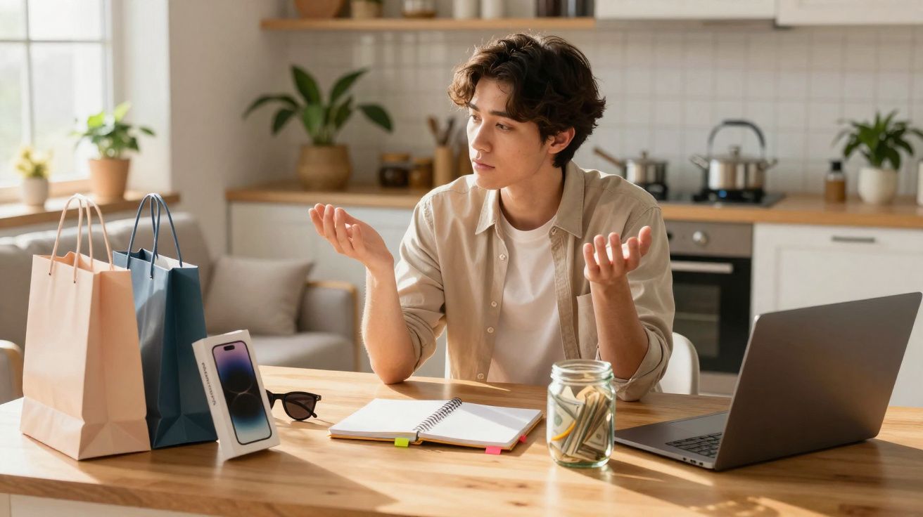 Jovem sentado à mesa com sacos de compras, telemóvel novo, jarro com dinheiro e computador portátil.