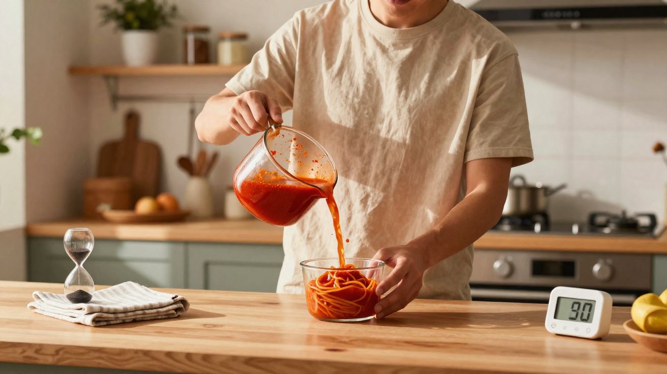 Pessoa a verter molho de tomate em tigela com esparguete numa cozinha moderna com temporizador digital.