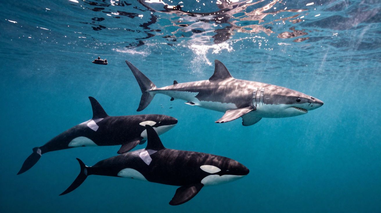 Dois orcas e um tubarão-branco nadando juntos debaixo de água azul clara.