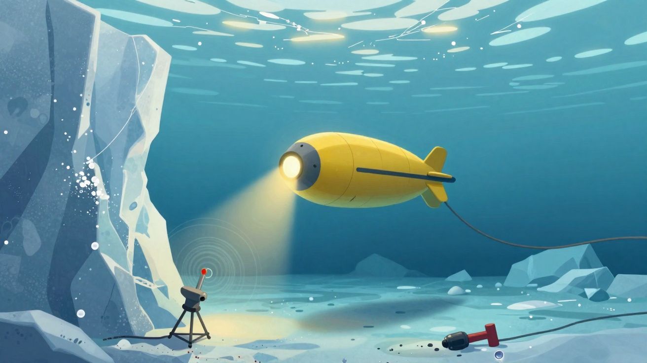 Submarino amarelo com luz de busca explora fundo marinho rochoso com equipamento ligado por cabo.