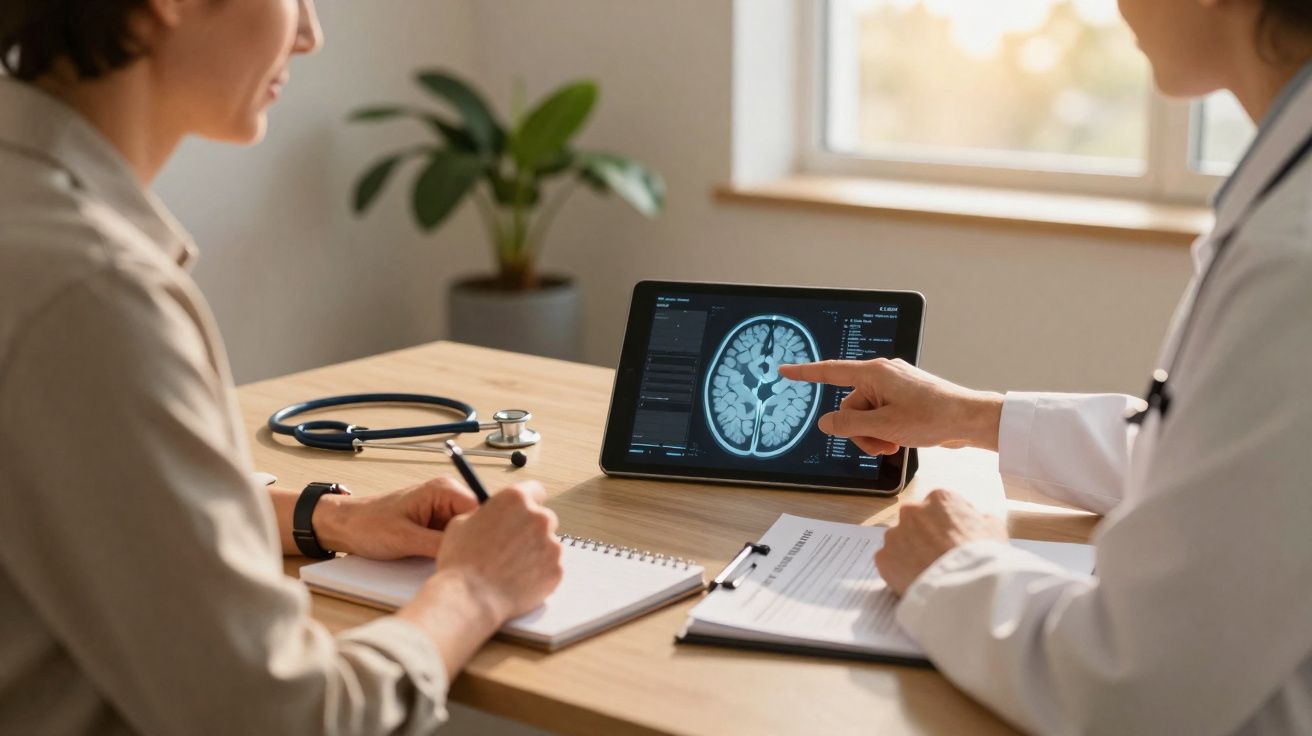 Médico explica diagnóstico cerebral a paciente, mostrando imagem de ressonância magnética num tablet.