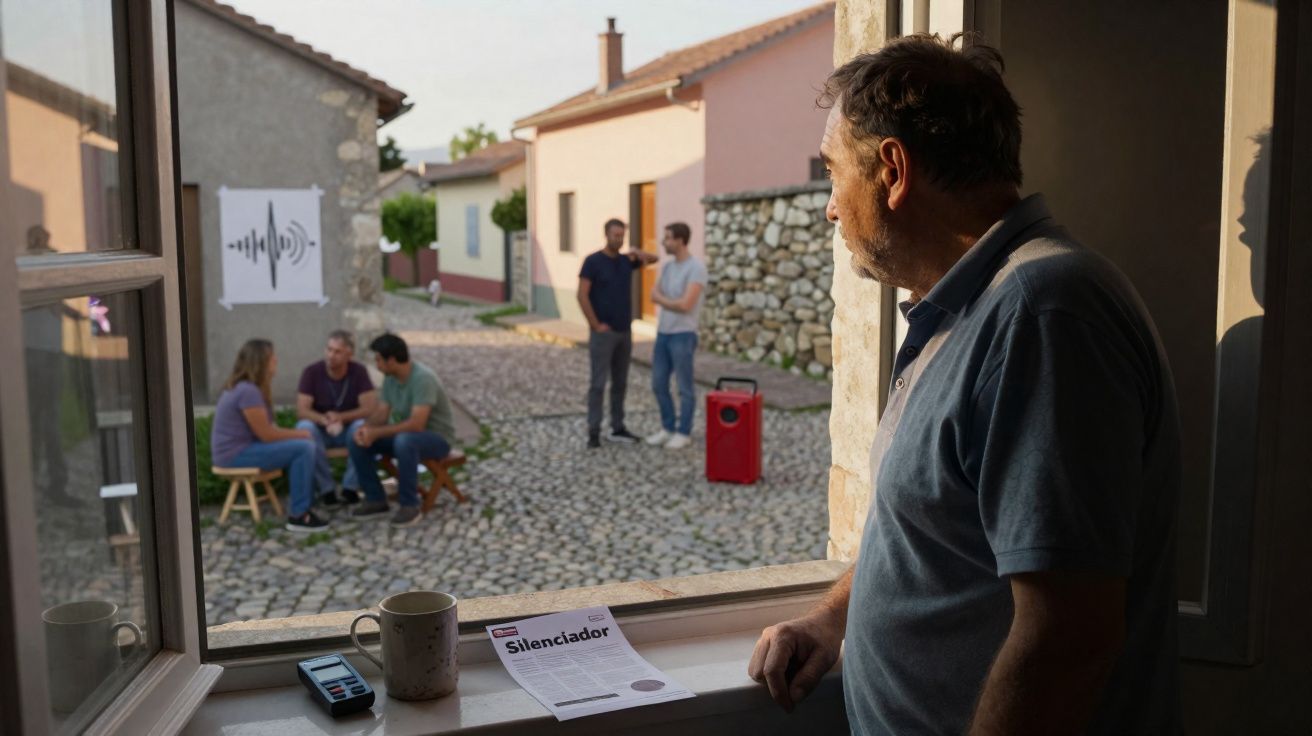 Homem observa pela janela grupo sentado e outro em pé numa rua de calçada com casas antigas ao pôr do sol.