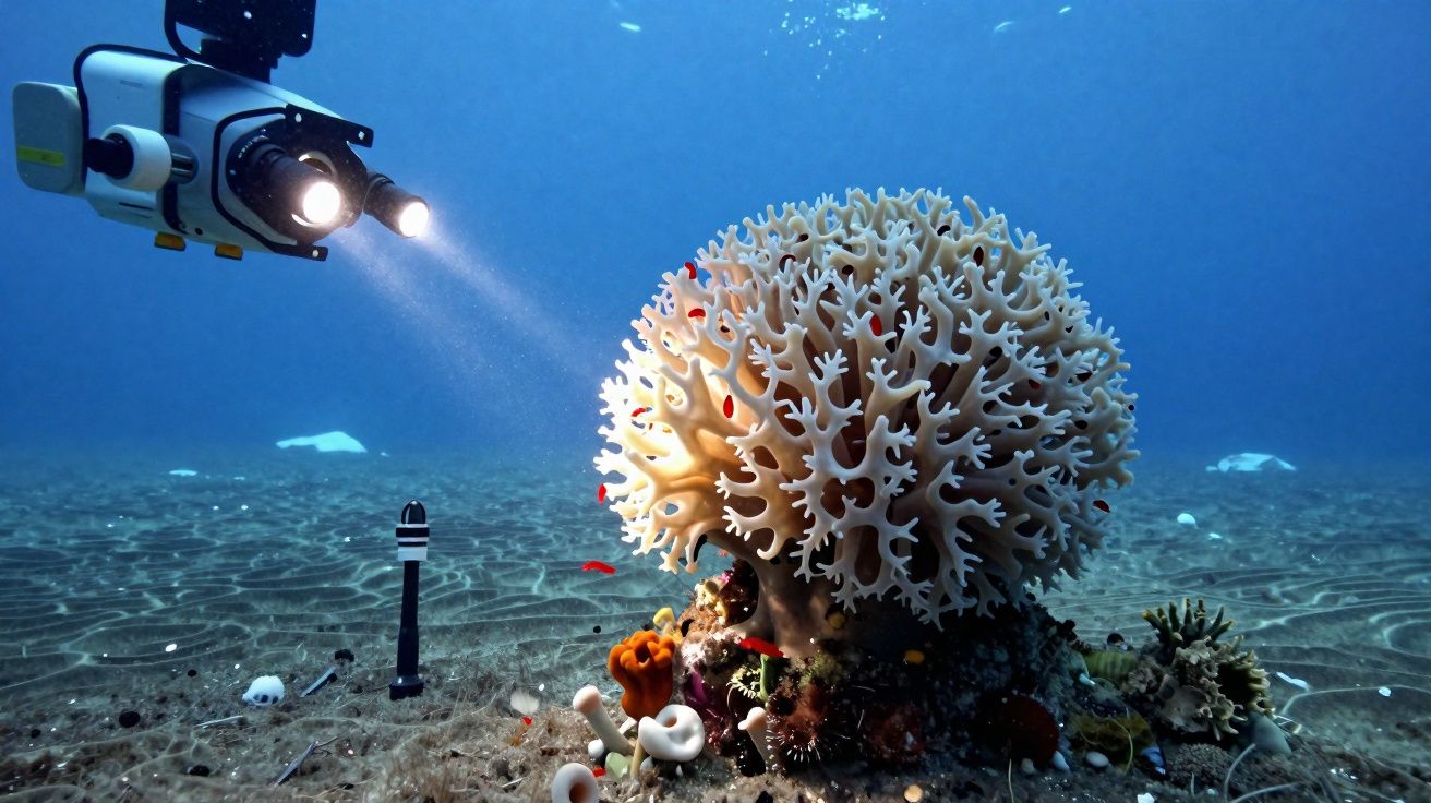 Robô submarino ilumina um grande coral branco no fundo do mar rodeado de pequenos peixes vermelhos.