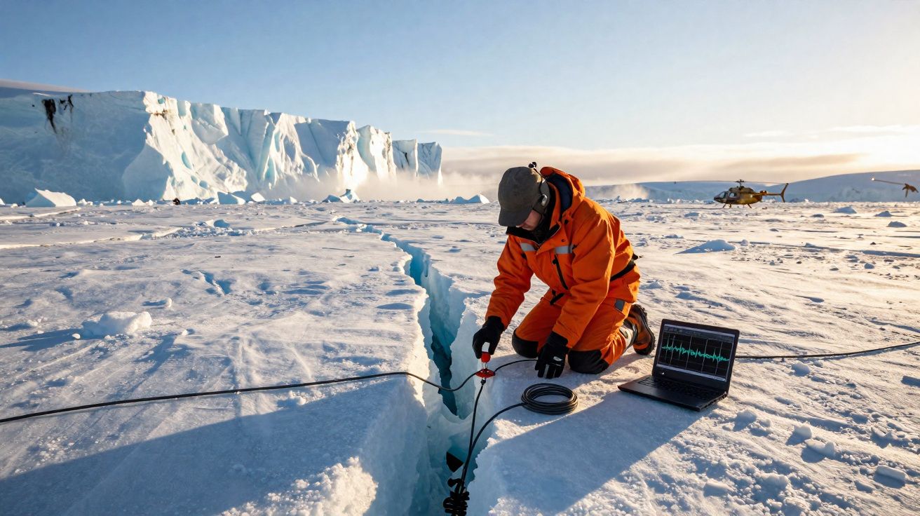 Cientista em equipamento laranja recolhe dados junto a uma fenda no gelo, com laptop e helicóptero ao fundo.