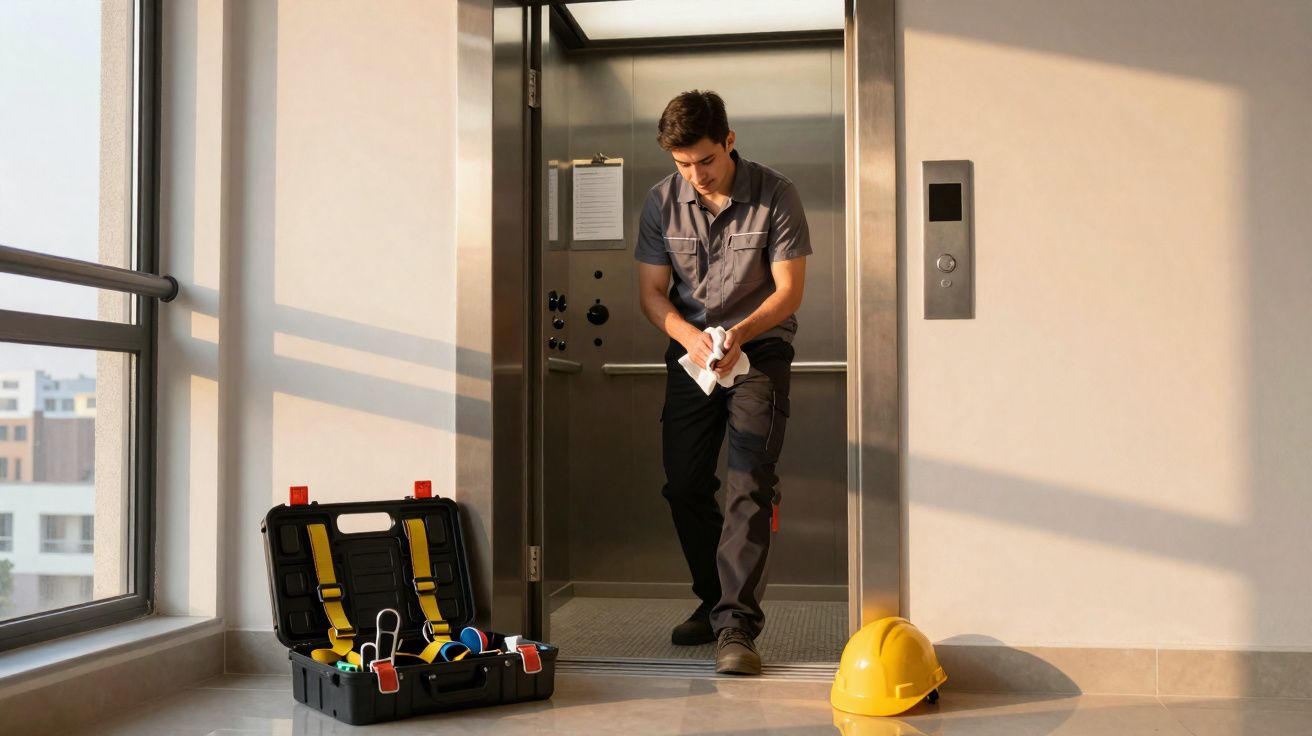 Técnico de manutenção limpa as mãos com pano dentro de elevador, com mala de ferramentas e capacete amarelo no chão.
