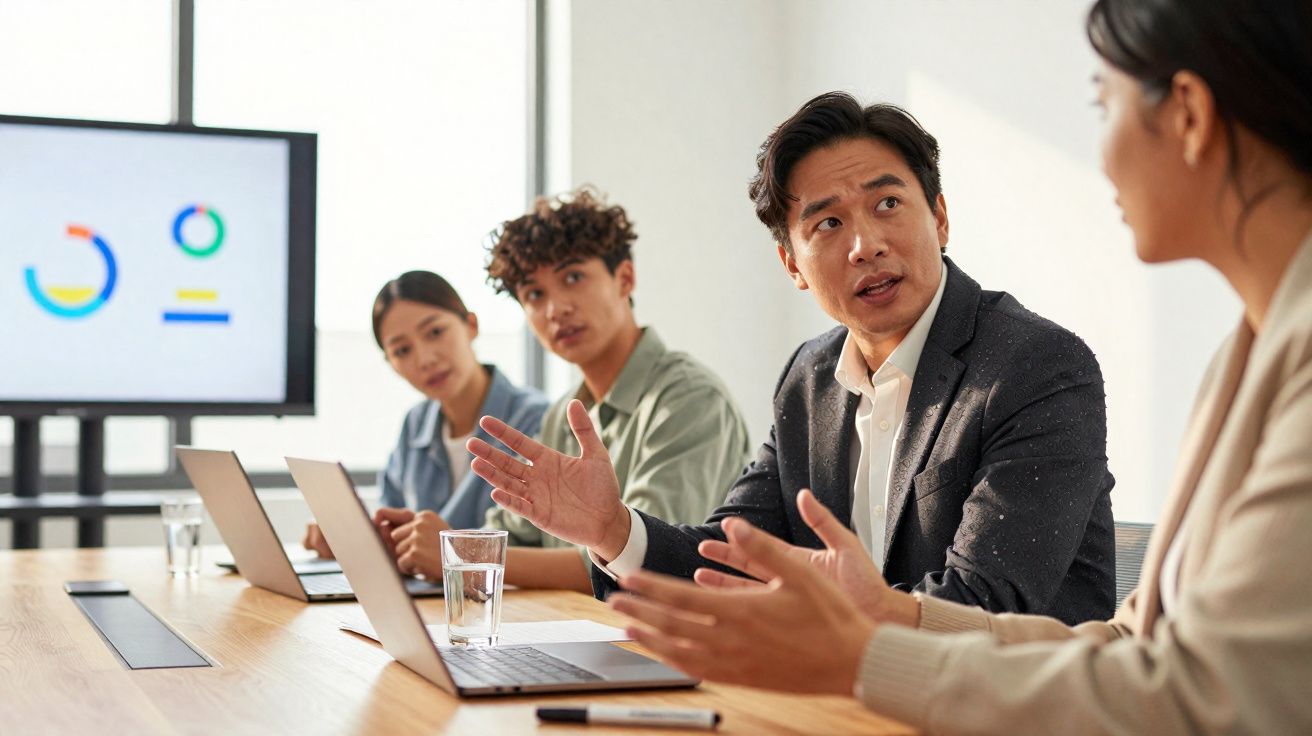 Quatro pessoas em reunião de trabalho com computadores portáteis e gráficos numa ecrã de apresentação.