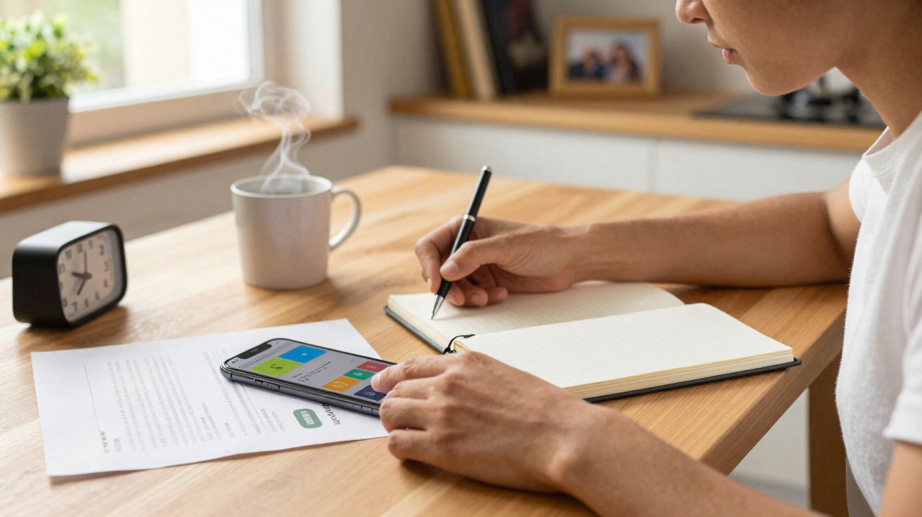 Pessoa a escrever num caderno ao lado de um telemóvel, folhas, chá quente e um relógio numa secretária de madeira.