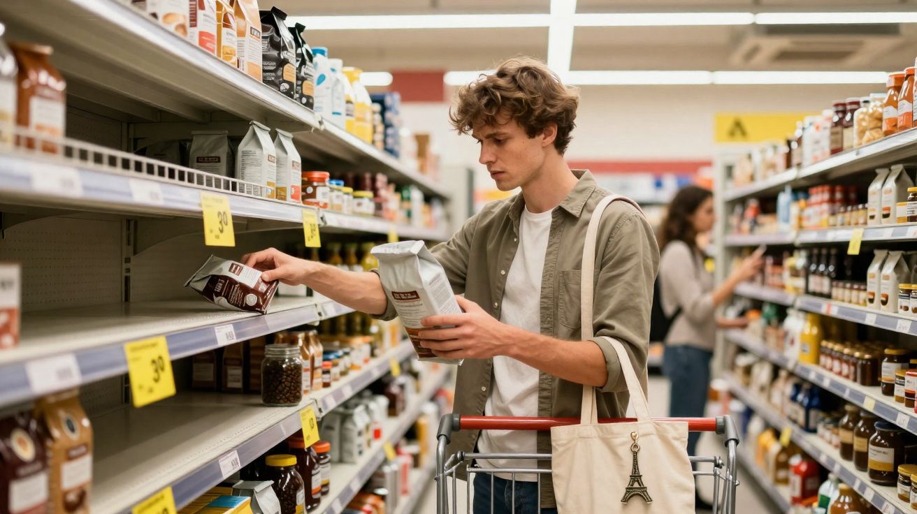 Homem jovem a escolher produtos na secção de supermercado com carrinho de compras e saco de pano.