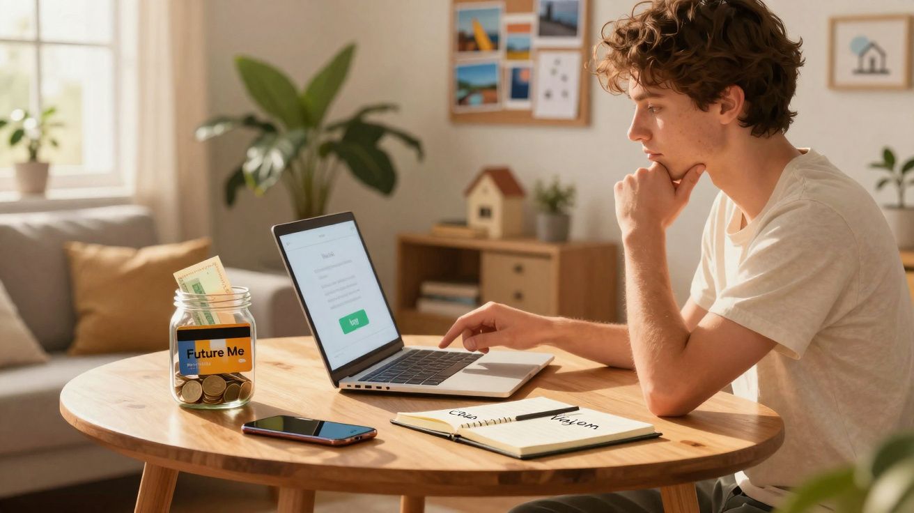 Jovem concentrado a usar portátil numa mesa com mealheiro, caderno e telemóvel, numa sala iluminada.
