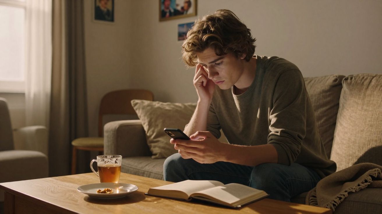 Jovem sentado no sofá a olhar atentamente para o telemóvel, com um livro aberto e chá na mesa à frente.