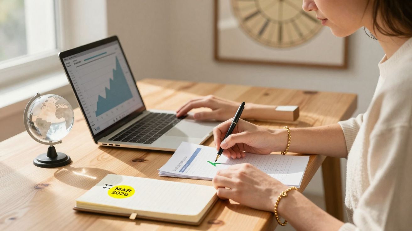 Pessoa a trabalhar num computador portátil com gráficos, a fazer anotações num documento e agenda na mesa.