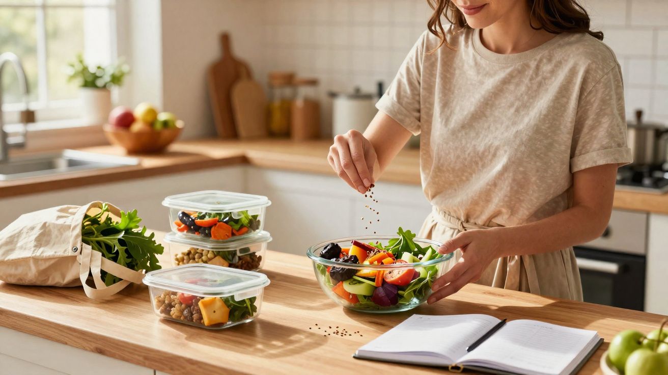 Mulher numa cozinha tempera uma salada colorida com ingredientes frescos e recipientes transparentes na mesa.
