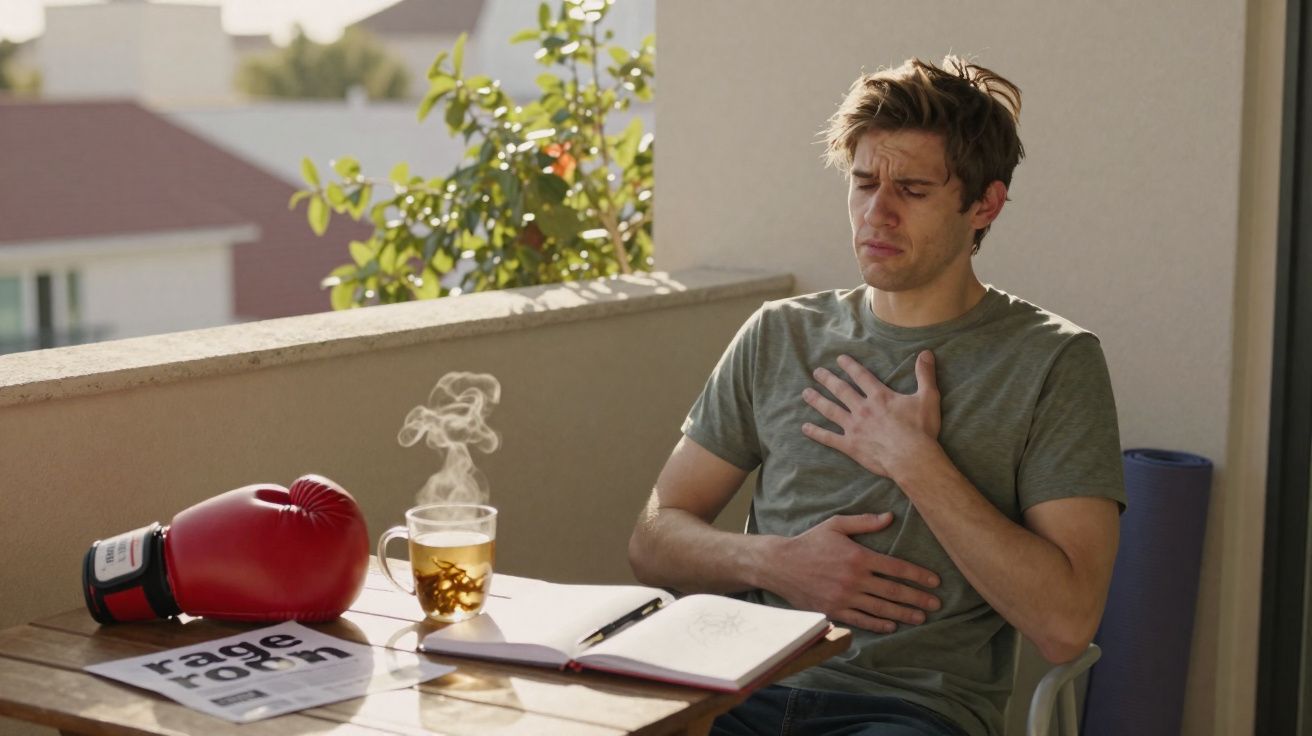 Homem jovem sentado com expressão de dor no peito e estômago numa varanda ensolarada.