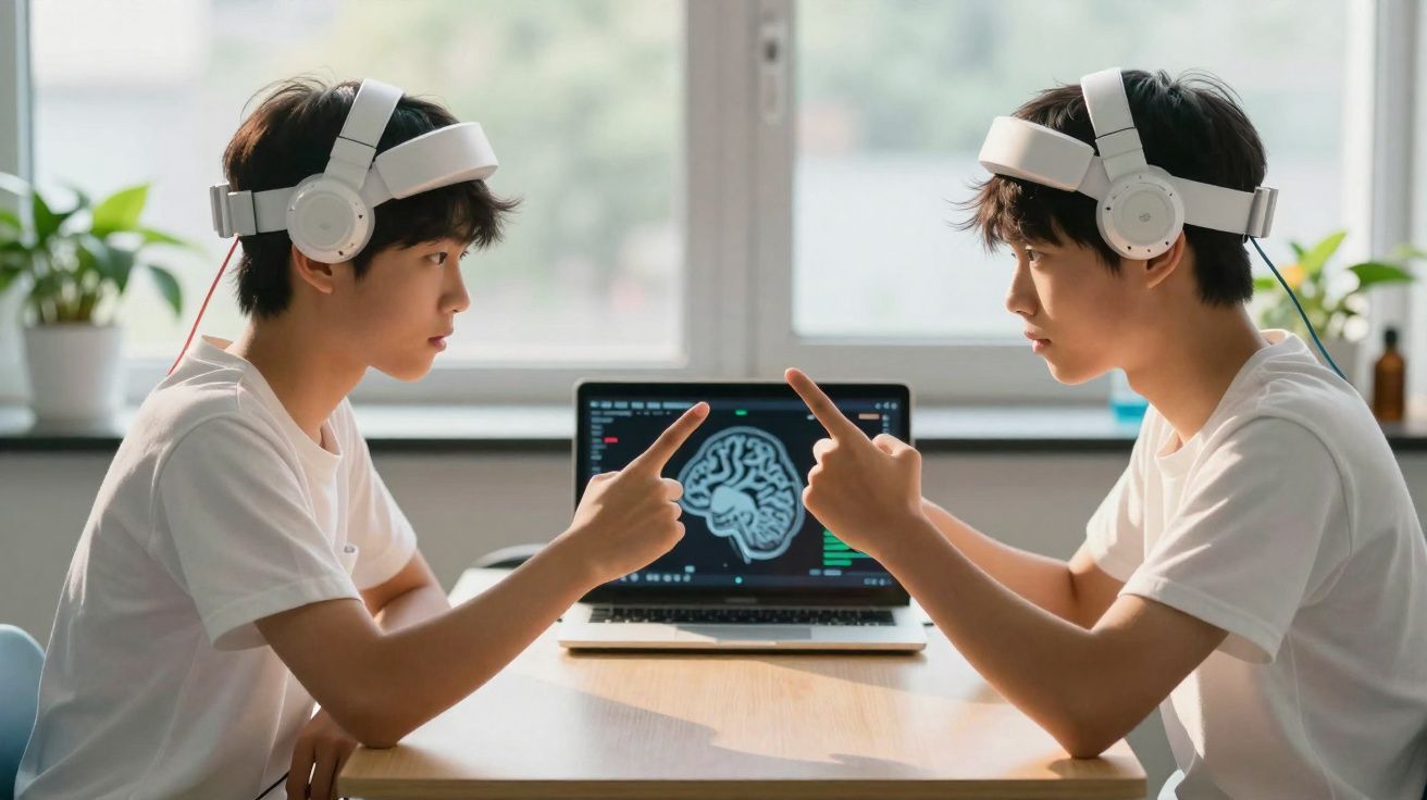 Dois jovens idênticos sentados frente a frente, usando auscultadores e apontando um para o outro, com cérebro no ecrã do port