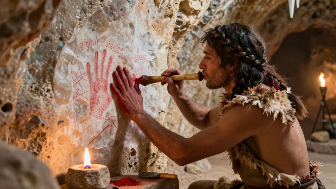 Homem pré-histórico pinta uma mão com orelha na parede de uma caverna iluminada por velas.