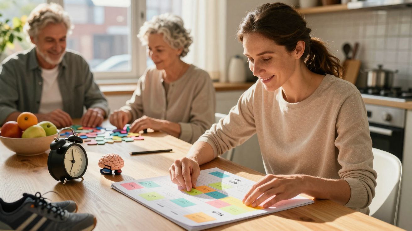 Três pessoas de diferentes idades sentadas à mesa, resolvendo atividades de estimulação cognitiva.