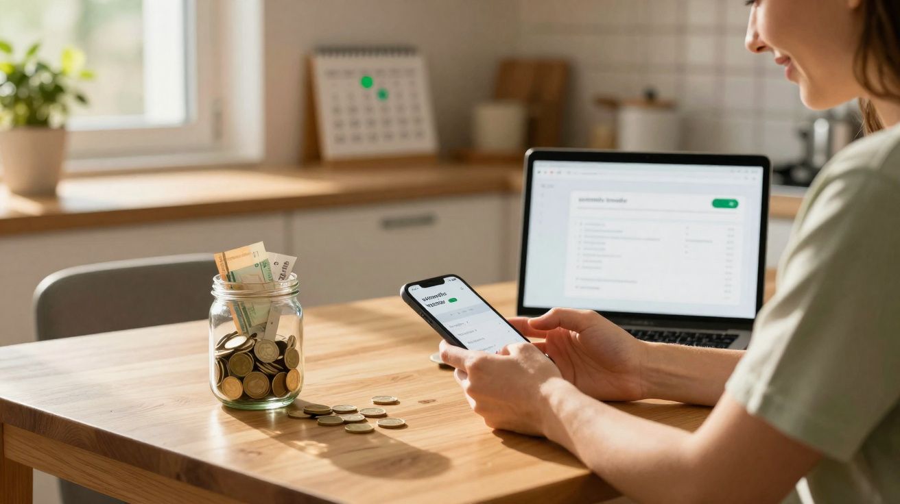 Pessoa a gerir finanças no smartphone com moedas e notas num frasco e computador portátil numa mesa de madeira.