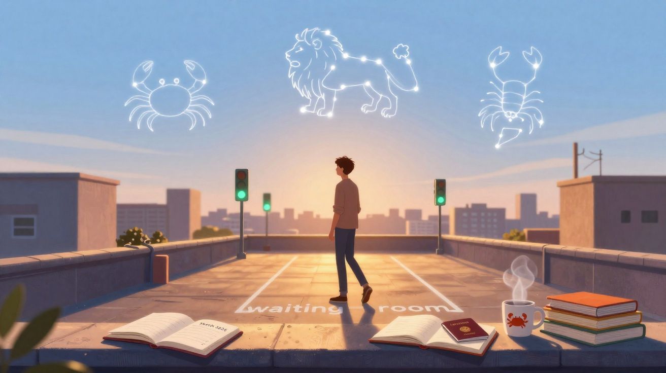 Pessoa num terraço ao pôr do sol com constelações de caranguejo, leão e escorpião no céu.