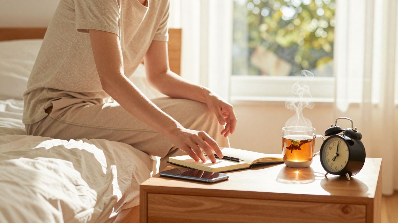 Pessoa sentada na cama com diário aberto, chá quente, telemóvel e despertador numa mesa de cabeceira.
