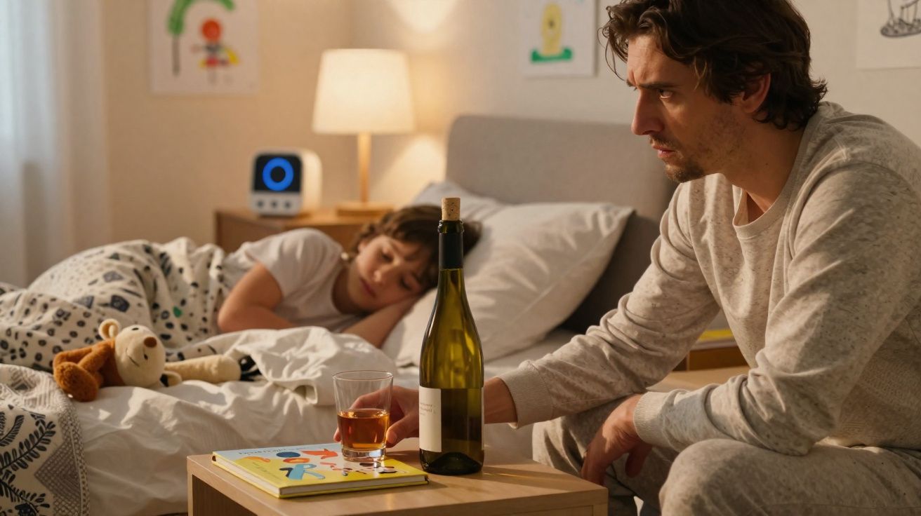 Homem sentado ao lado da cama de criança adormecida, com garrafa e copo de bebida na mesa ao lado.