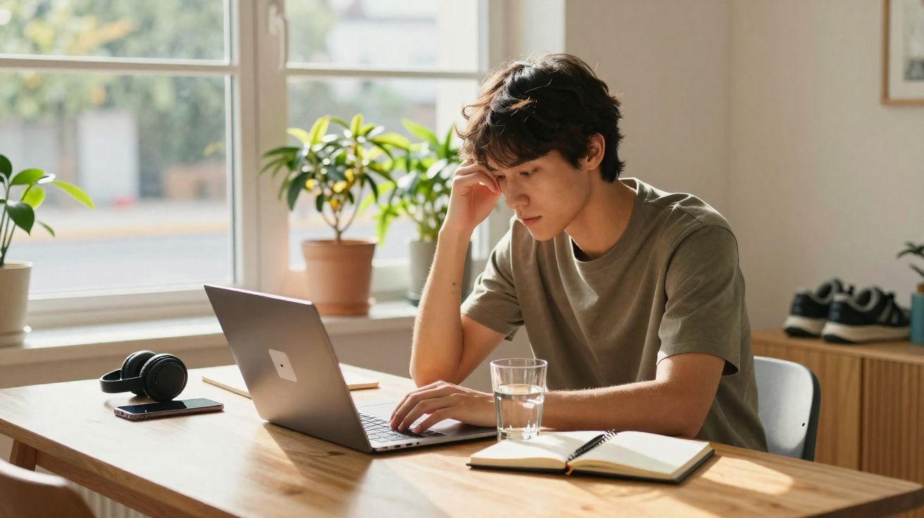 Homem sentado numa mesa com um portátil, um caderno e um copo de água, a trabalhar concentrado.