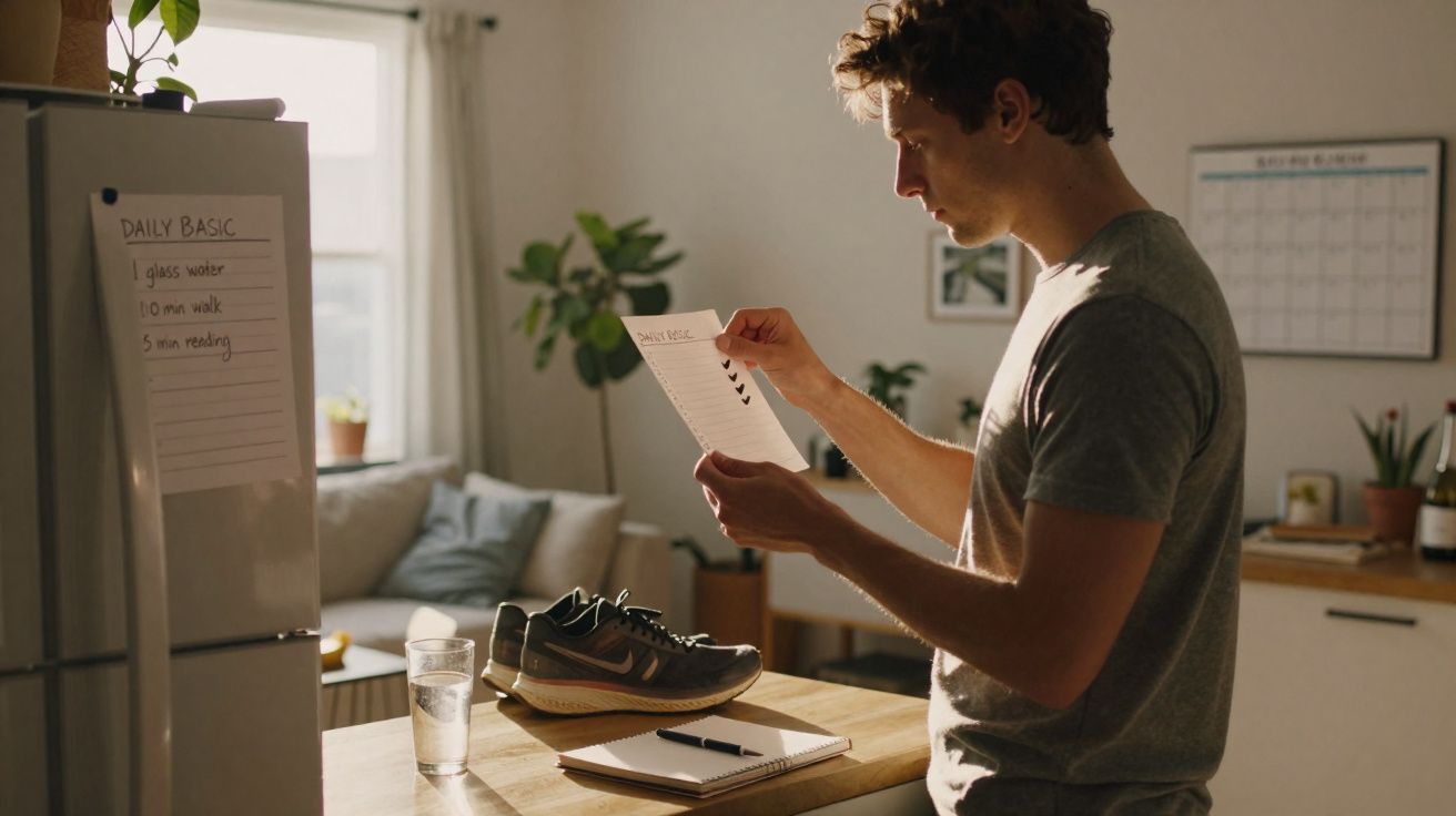 Homem a ler lista de tarefas junto a mesa com ténis, caderno, caneta e copo de água numa sala iluminada.