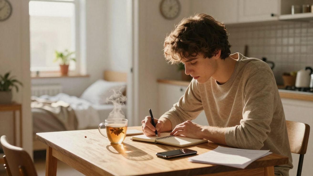 Jovem a escrever num caderno sentado à mesa da cozinha, com chá quente e telemóvel à frente.