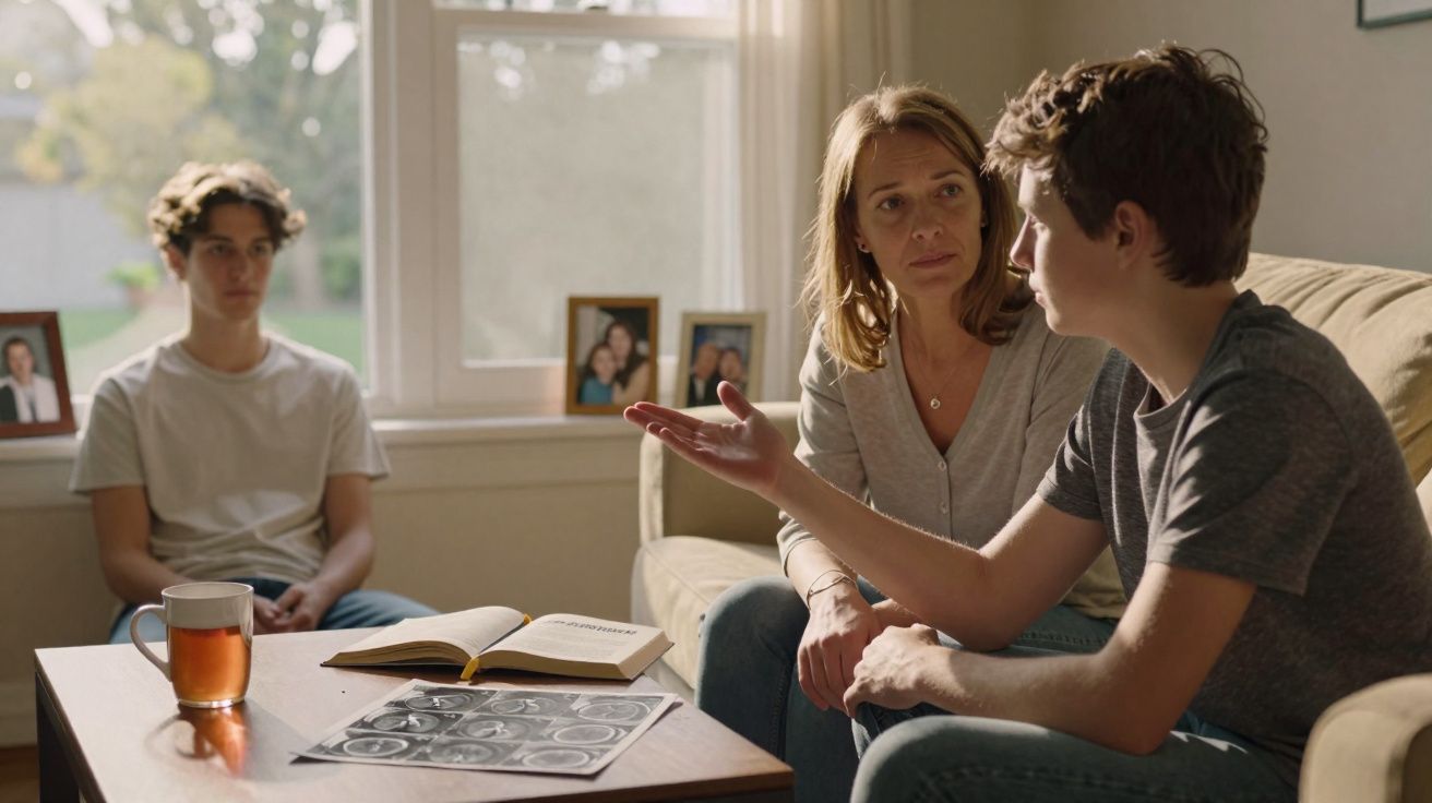 Mulher conversa com dois jovens numa sala com livros e fotografias pessoais numa mesa à sua frente.